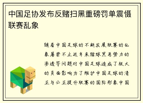 中国足协发布反赌扫黑重磅罚单震慑联赛乱象 中国足协发布反赌扫黑重磅罚单震慑联赛乱象