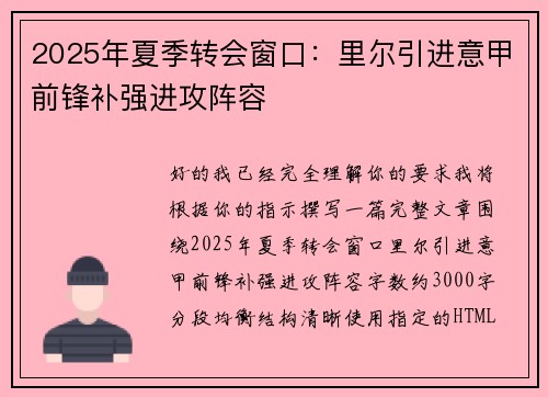 2025年夏季转会窗口：里尔引进意甲前锋补强进攻阵容